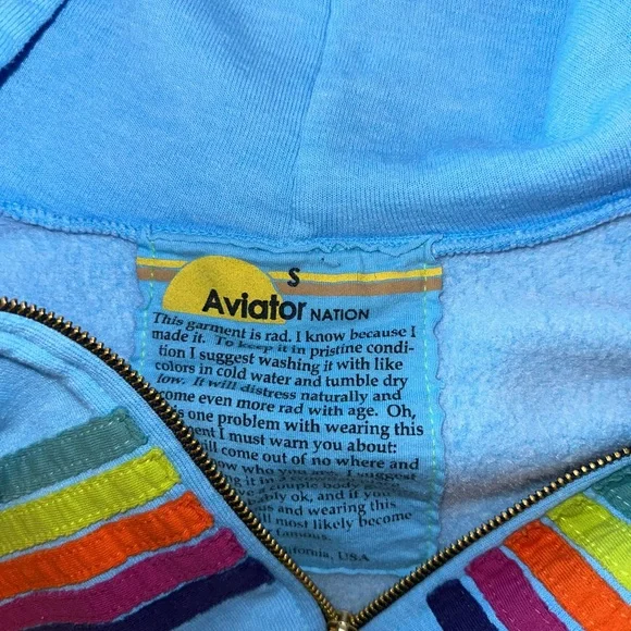 Aviator Nation Aqua Neon Rainbow Stripe Hoodie in Size Small EXCELLENT CONDITION - Picture 2 of 5